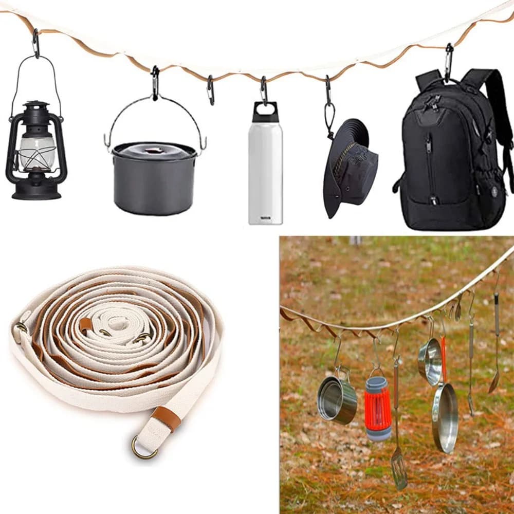 5M Camping Tent Awning Webbing Strap PU Leather Reinforced Hanging Rope Multi‑Hole Clothes Line with 25Pcs Hooks Outdoor Gear