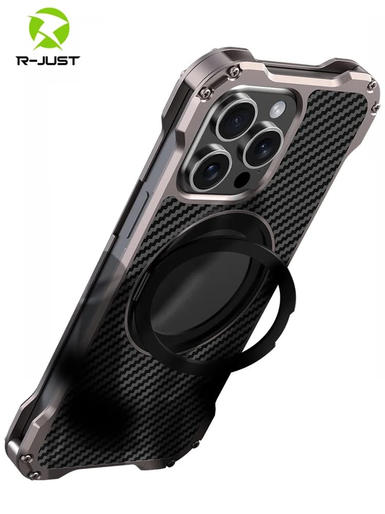Custodia in fibra di carbonio in metallo R-just per Iphone 16 15 14 13 Pro Max Cover leggera in lega di alluminio Funda Coque anello di supporto incorporato