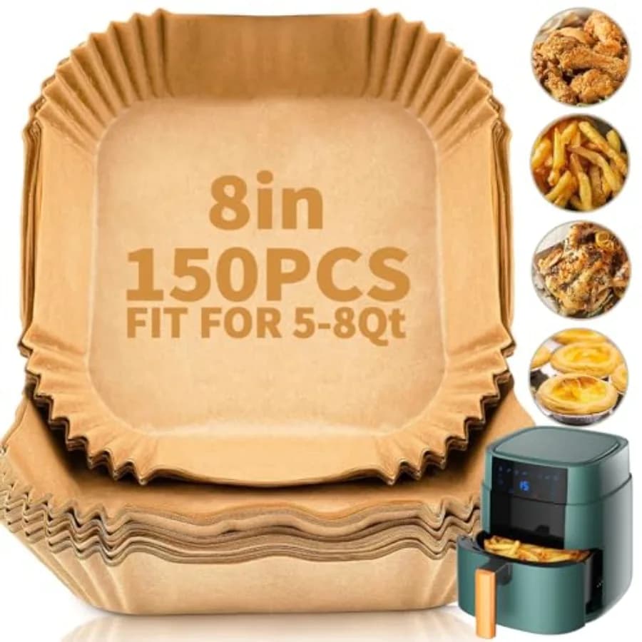 150 PCS Air Fryer Disposable Paper Liners, 8 Inch Square Parchment Disposable Paper Liner for 5-8QT Air Fryer, Baking, Roasting