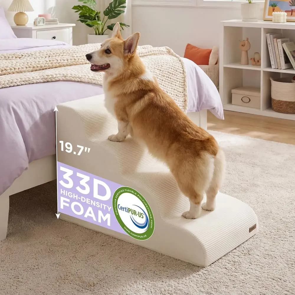 Dog Stairs Small Dogs Pet Steps High Bed Couch US Certified Foam Non-Slip Bottom Beige 4 Steps