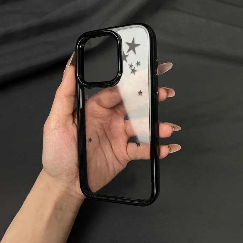 Custodia per iPhone 15 14 13 12 11 Pro Max 17Air 16 Pro con Specchio e Stelle, Cornice Nera Riflettente, Antiurto