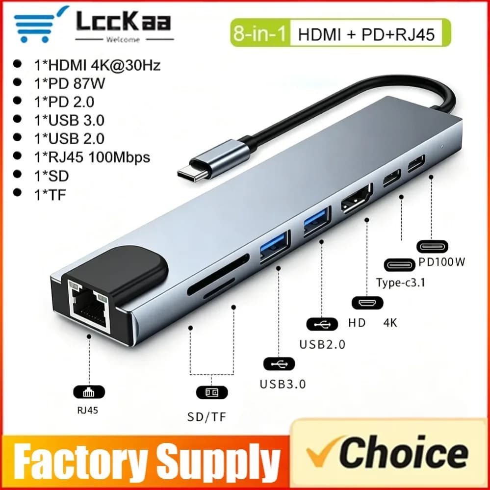 8 in 1 Type C HUB Docking Station To HDMI 4K 30HZ Type C To RJ45 100Mbps Ethernet SD TF Adapter HDMI Extender Headphone PD 100W