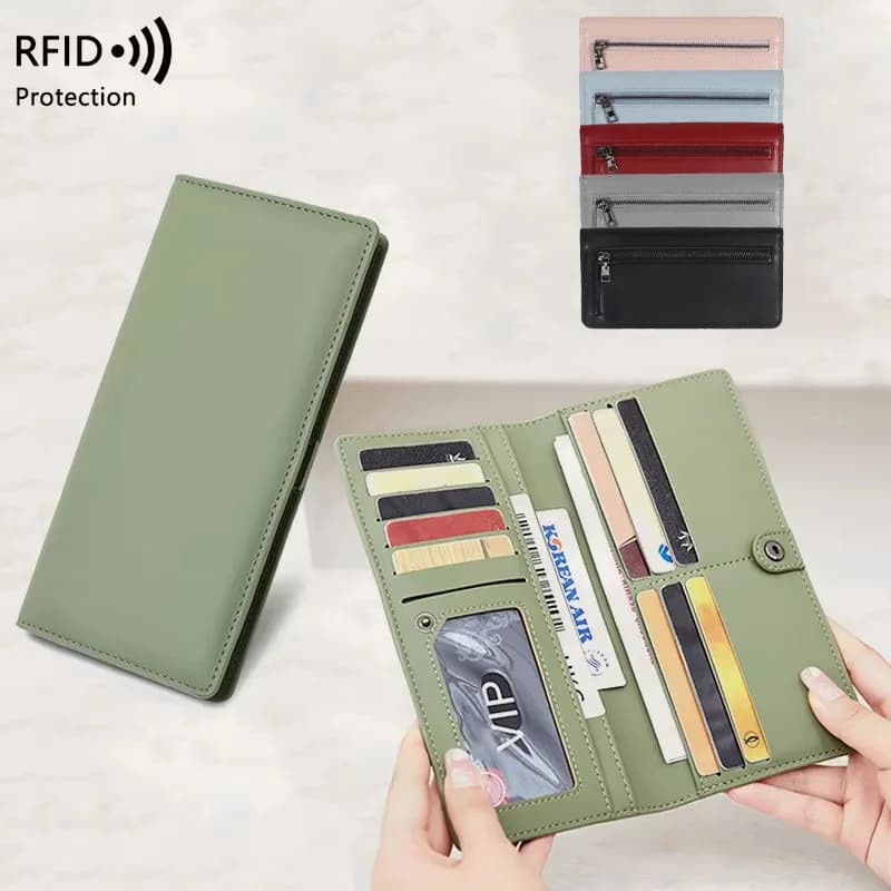 Portafoglio ultrasottile da donna con blocco RFID, borsa per carte di credito con controllo multi-carta, fibbia con cerniera multifunzionale, portafoglio lungo alla moda