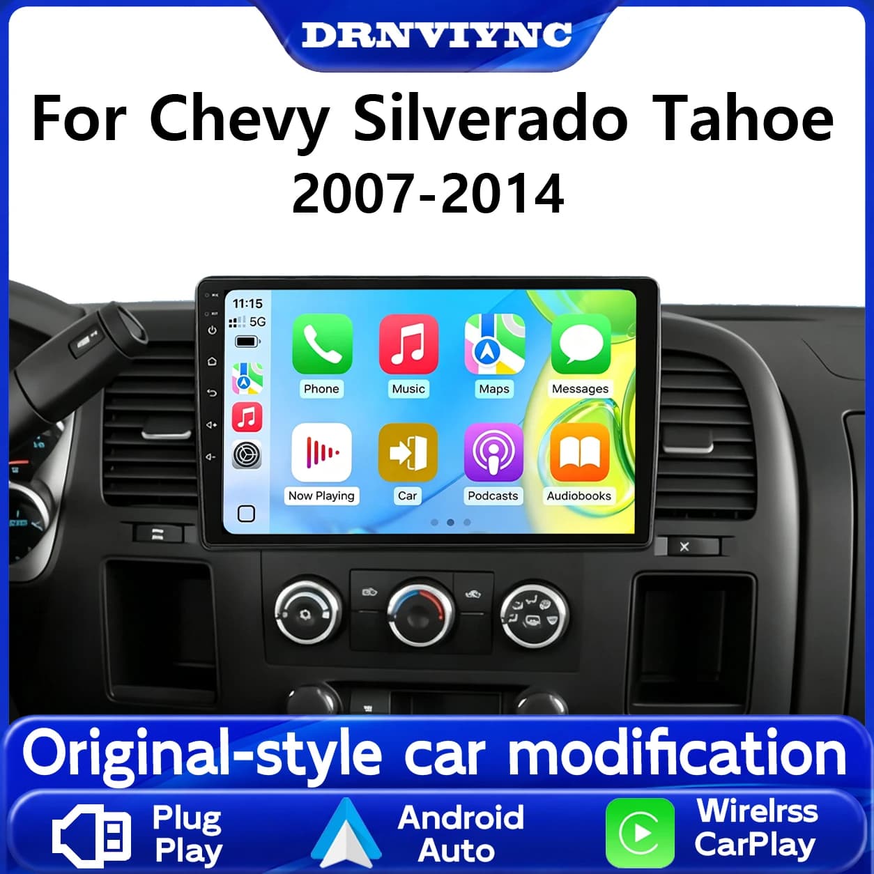 DRNVIYNC For Chevy Silverado Tahoe 2007-2014 Car Radio 2 Din Multimedia Navigation Wireless BT Carplay Stereo Head Unit Navigation QLED 4 Core DSP USB Plug-and-Play,Bluetooth,Backup Camera,SWC,MirrorLink,WiFi,DSP,IPS,Android 13,2+32G