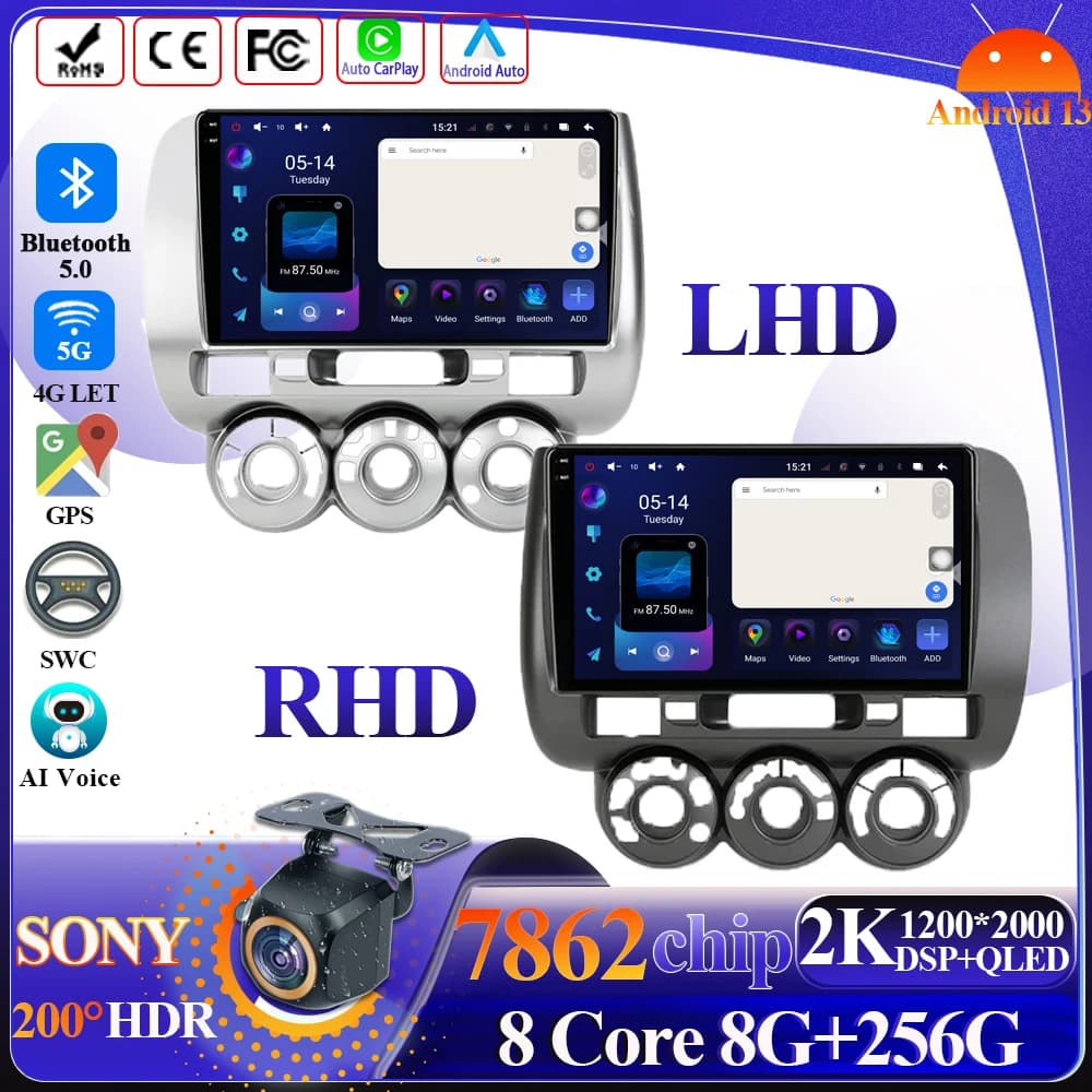 Car Radio Android 15 For Honda Fit Jazz City 2002-2007 Carplay Navigation GPS Stereo Android Auto 4G Wifi Multimedia Player DVD