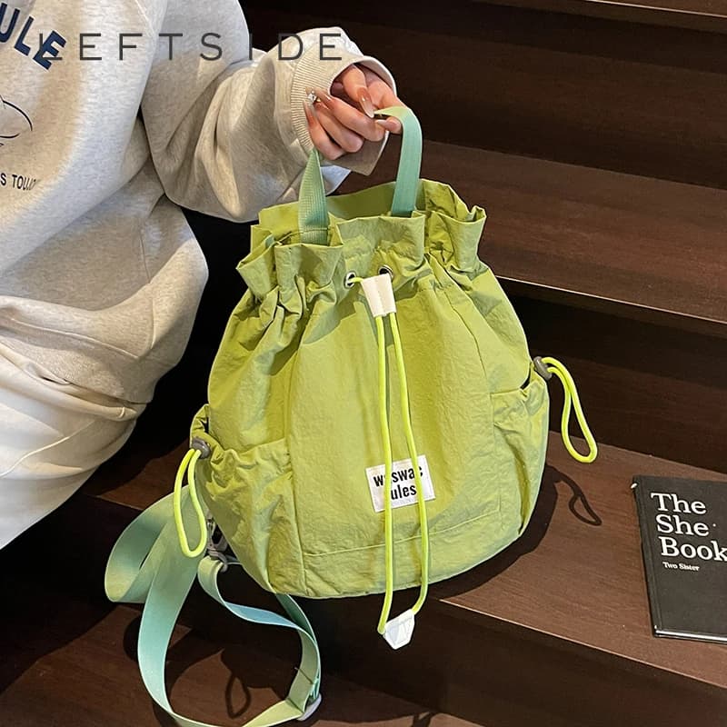 LEFTSIDE Zaini piccoli in tessuto verde morbido con coulisse da donna 2025 Zaino moda estiva Borsa da scuola per ragazze Zaino carino