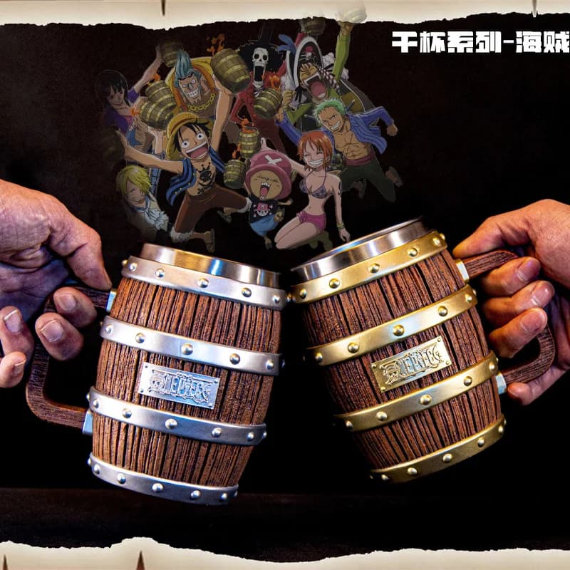 Boccale da Birra in Acciaio Inox 304 Fatto a Mano a Forma di Barile, Tema One Piece, per Bar Domestico, Modello Luffy Ace Sabo