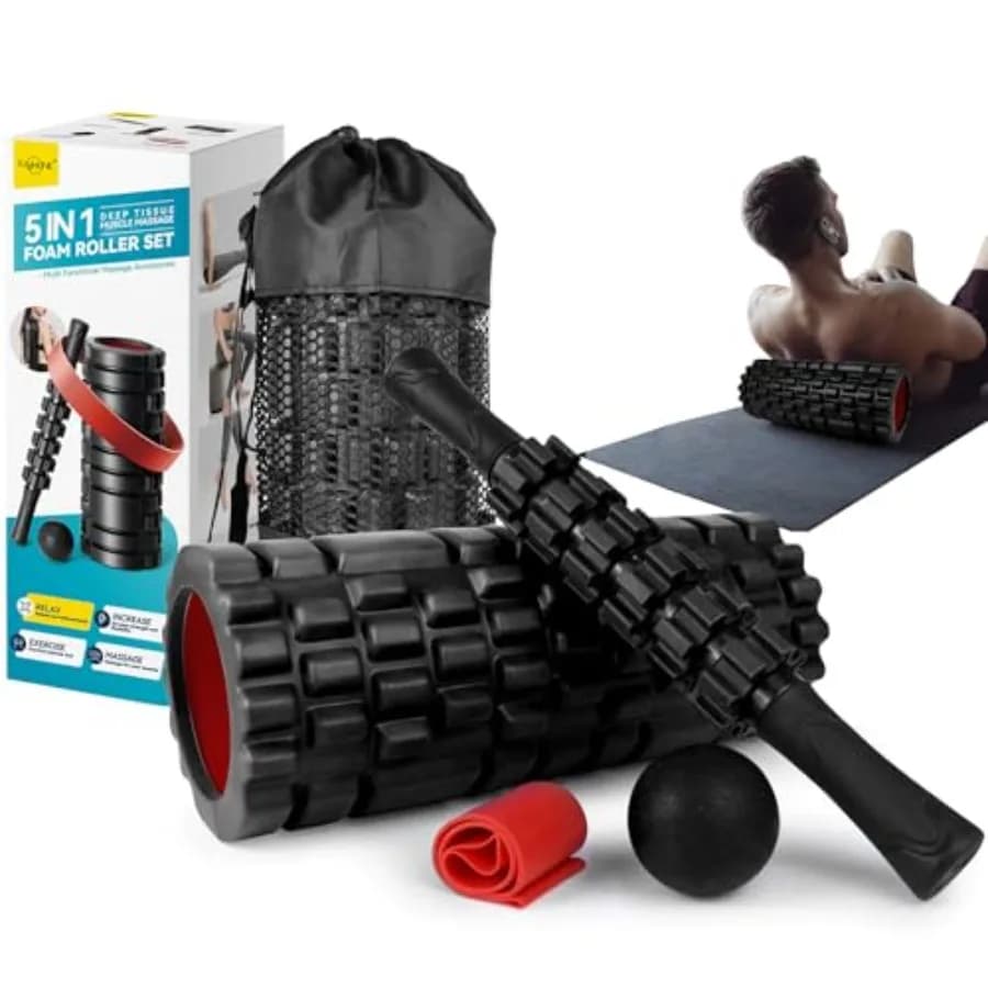5-in-1 Foam Roller Set for Deep Muscle Recovery with Roller for High Density Exercises Black, Massage Ball, Resistance Band and Transport Bag