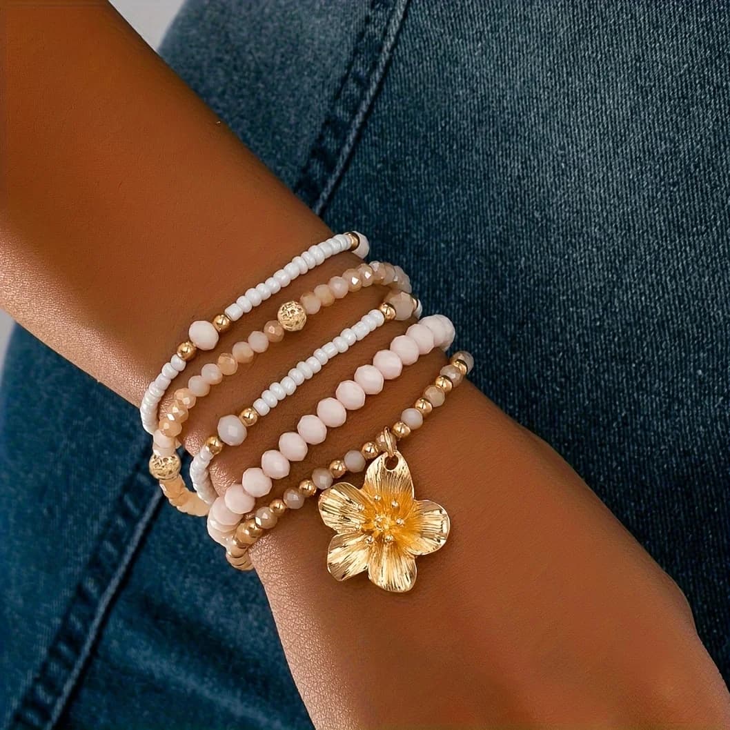 Set di 5 braccialetti impilabili eleganti e alla moda in cristallo artificiale intrecciato con ciondolo a forma di fiore e perline elastiche per donna, S