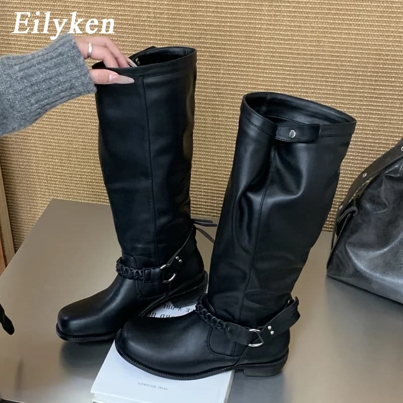 Eilyken 2027 Autumn Winter Design Weave Belt Buckle Women Knee-High Boots Fashion Retro Round Toe Square Low Heels Shoes