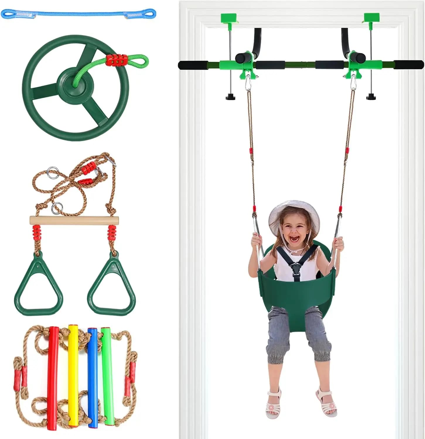 Altalena da porta per bambini e barra per trazioni per adulti, 4 accessori inclusi, adatta a porte standard