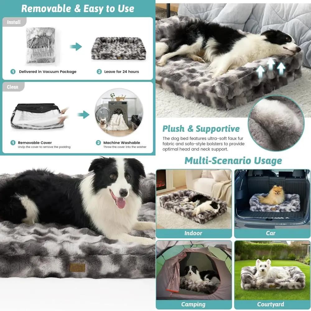 Letto per cani ortopedico XL con copertura impermeabile, divano in schiuma di supporto a forma di U, grigio tie-dye, 48x32x8 pollici