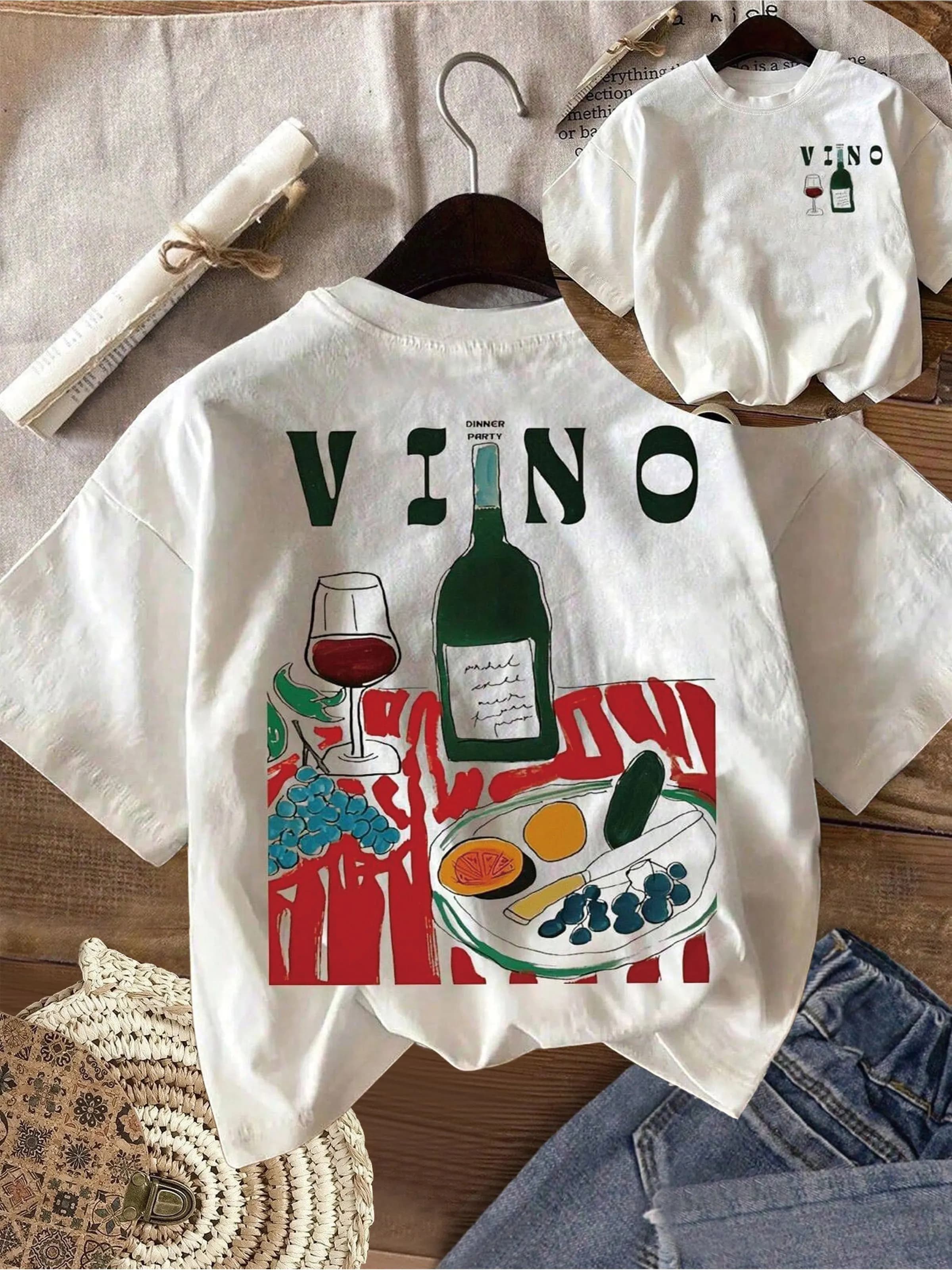 T-shirt da donna con stampa birra e cibo, top a maniche corte con motivi estetici di birra e cibo su entrambi i lati (anteriore/posteriore)