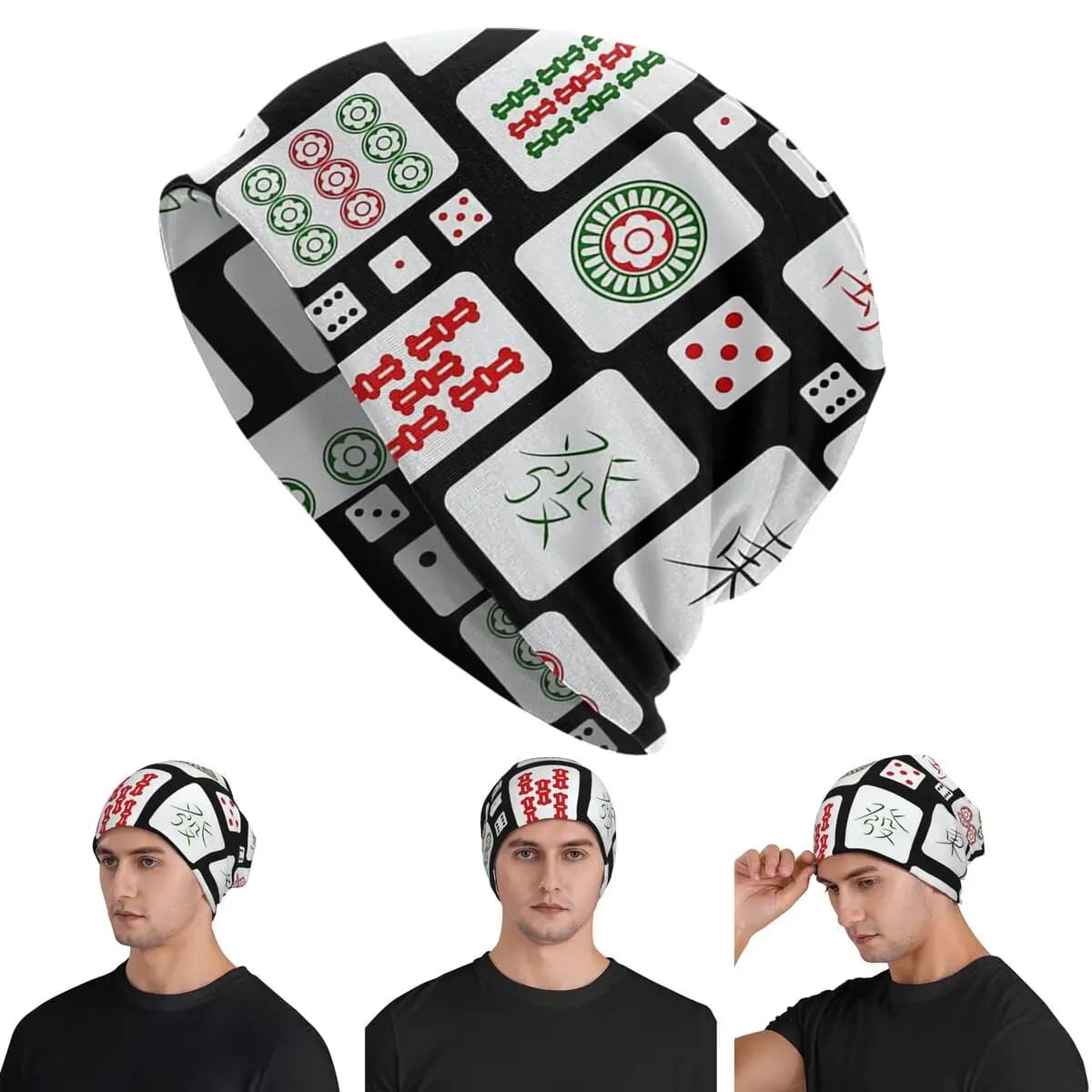 Mahjong Tiles Game Dice Warm Knitted Cap Fashion Bonnet Hat Autumn Winter Outdoor Beanies Hats for Unisex Adult
