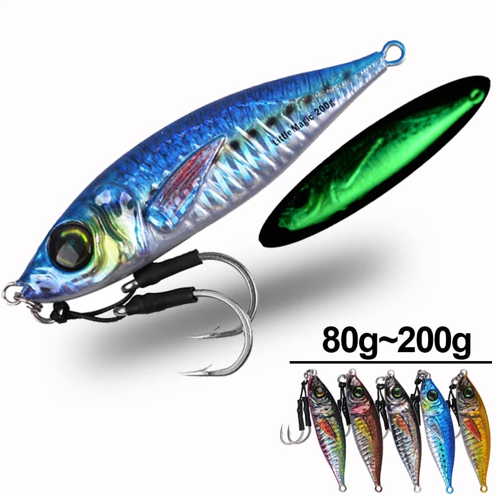 1 Pz/2 Pz Luminoso lento jigging esche 80g 120g 150g 200g Verticale Metallo Lento Jig con Gancio di Assistenza per Shark Tonno jig richiamo di pesca
