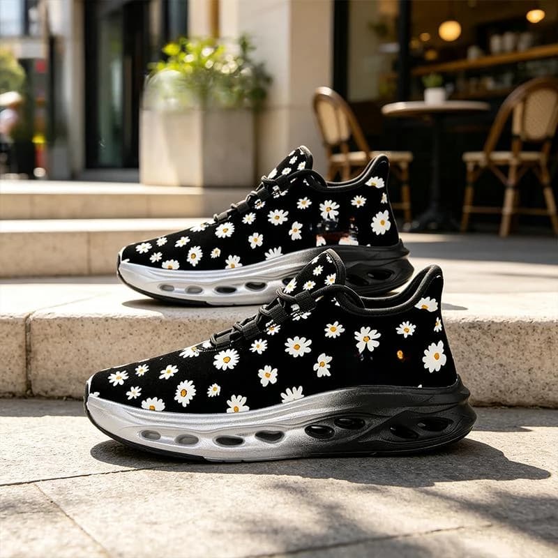 Ladies Men Sports Shoes Running Shoes Casual Shoes，Classic black background covered with fresh daisy prints，The simple floral de