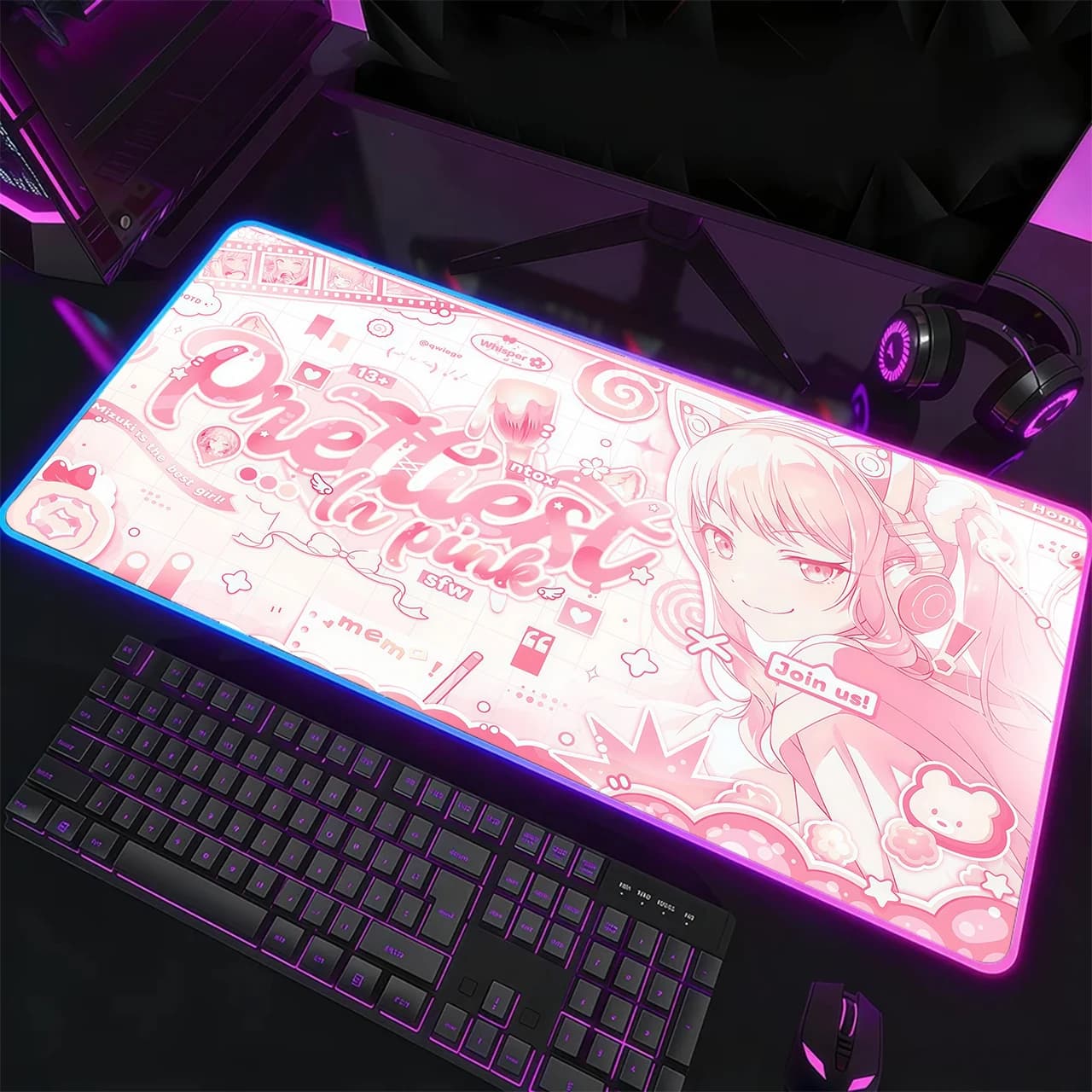 RGB Gaming Mouse Pad,Large Extended Desk Mat,Anti-slip Rubber Base,Stitched Edges,Pink Graffiti Cat Ear Cute Anime Girl Print