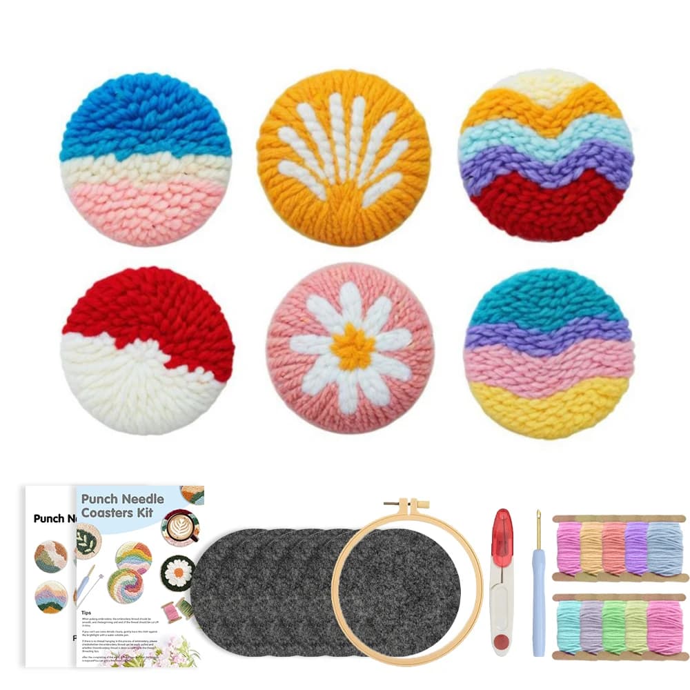 RUOPOTY 6pcs Punch Needle Coaster Rainbow Mountain Diy Needle Punch Kit Gift Diy Craft Kits For Adults Landscape Beginner Embroi