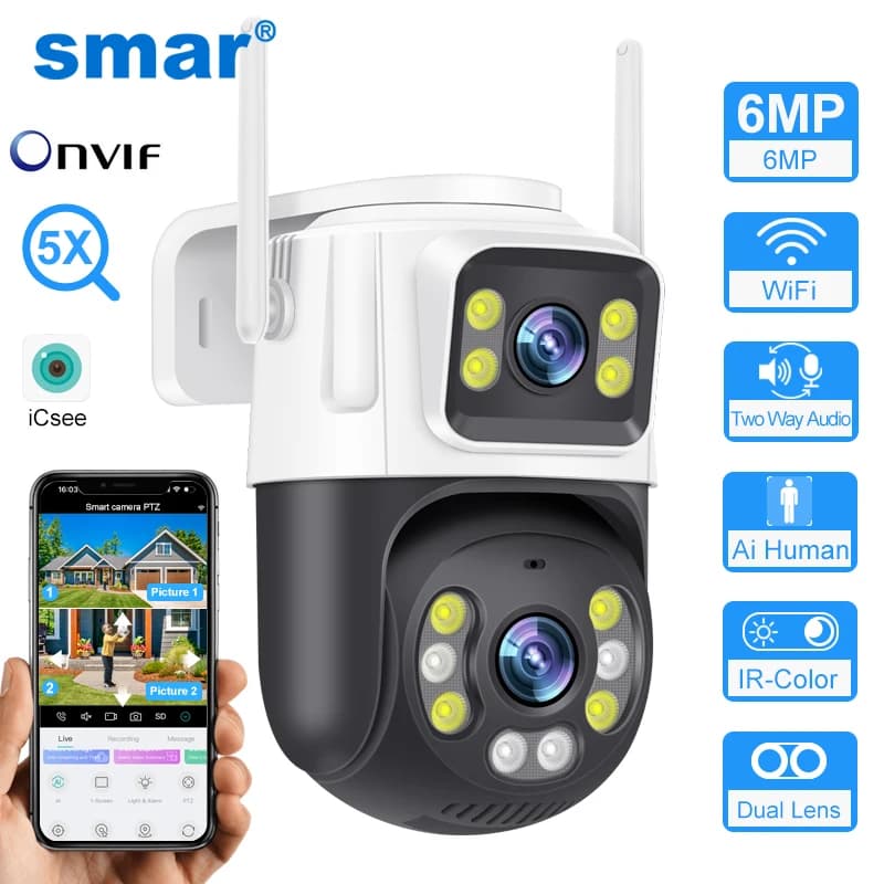 Wifi Camera Smar PTZ 6MP Double Lens With Double Screen To Human Detection Automatic Monitoring Video Wireless CCTV ICSee