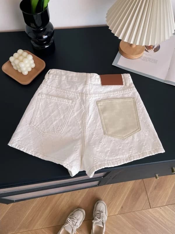 Shorts in denim a vita alta a trapezio da donna, fantasia a rombi bianchi, effetto snellente, versatili, a gamba larga, Hot Pants - Outlet