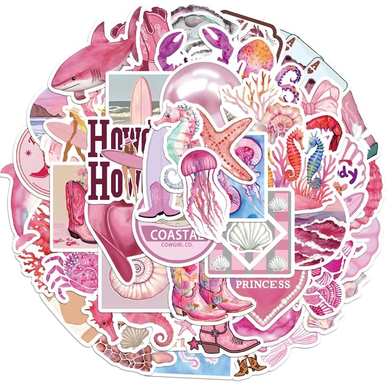50PCS Pink Ocean Stickers Pack Pink Summer Graffiti Beachy Stickers for Luggage, Journal, Laptop, Kindle, Scrapbook