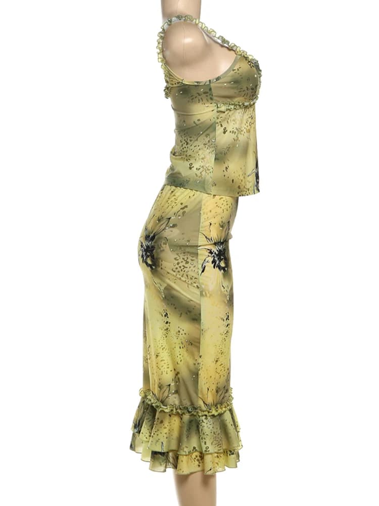 kliou Tie Dye Ruffle Trim Donna 2 pezzi Set Estate Estetica Collo basso Camis + Stacked Slim Maxi Gonne Abiti da vacanza femminili