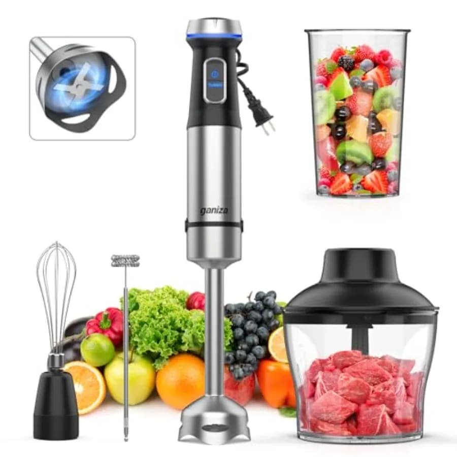 Frullatore a Immersione 5 in 1, Frullatore a Immersione Manuale con Motore Potente da 1000W, 16 Modalità di Velocità, Lama in Acciaio Inossidabile con 800mm di Portata