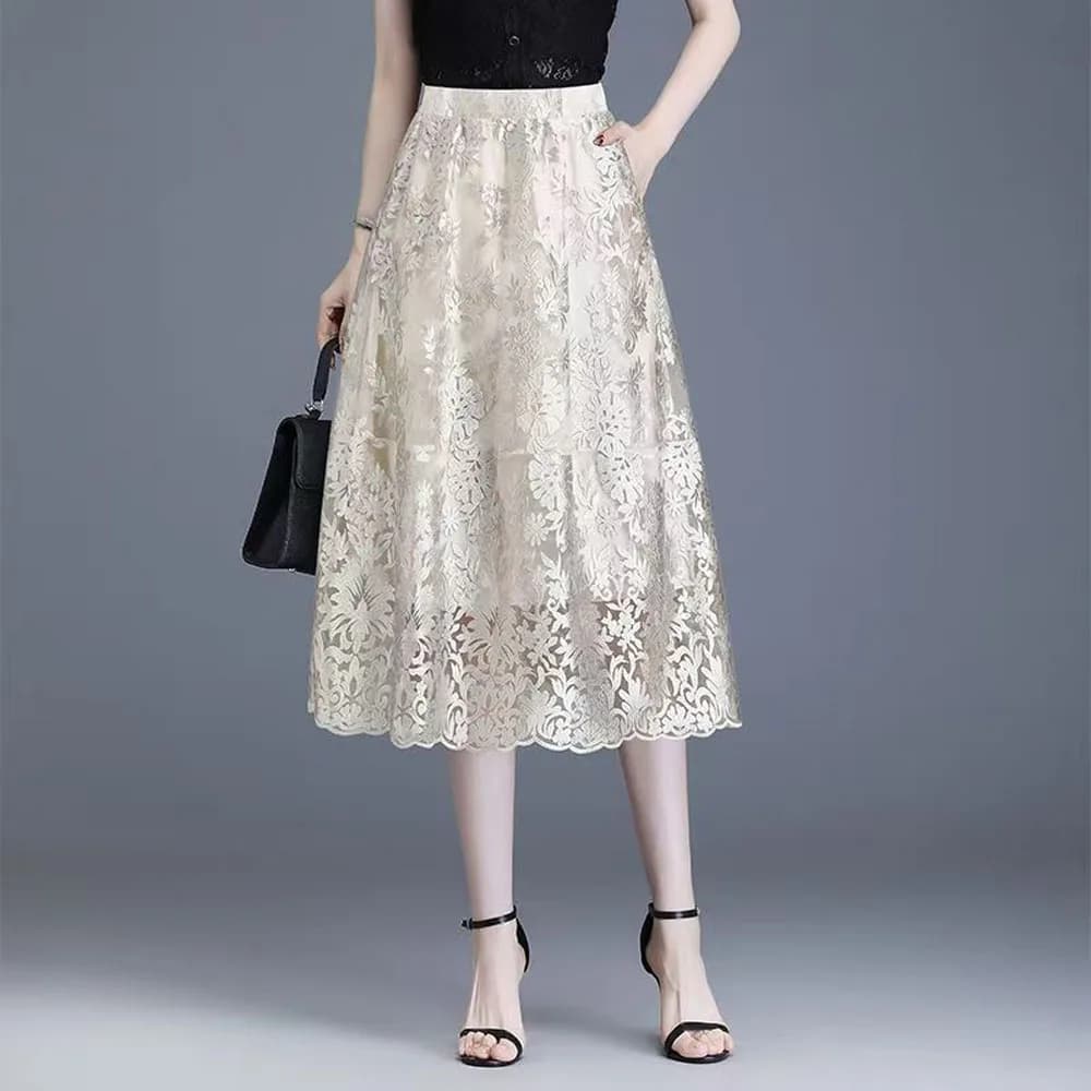 Fashion Summer Black lantern Skirt Lace Mid-Length Skirts 2026 Summer New High Waist Women's Skirt Embroidery Skirt Size L-4XL