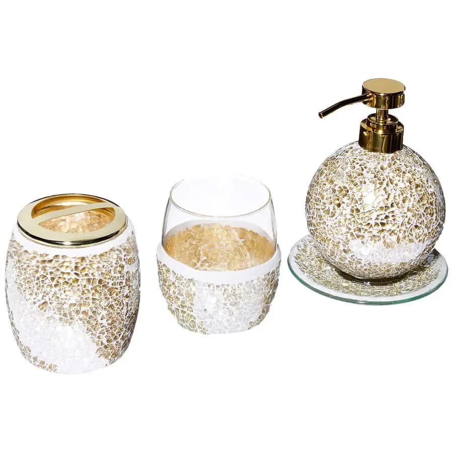 Set di accessori da bagno a mosaico, set di 4 accessori da bagno con dispenser per sapone dorato, portaspazzolino, bicchiere e anello portaoggetti.