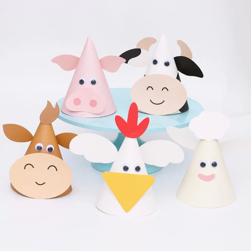 1 pz animali da fattoria cappello di carta decorazione festa di compleanno fai da te bambini oggetti di scena per bambini attività all'aperto pecora mucca pulcino maiale tappo conico