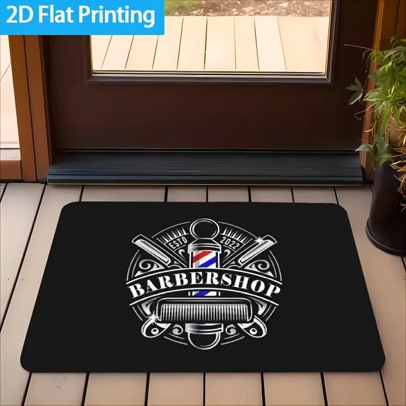 1pc 2D Flat Printed Flannel Door Mat | Barber Shop Neon Comb & Letter Print, 0.39-Inch Thick | Premium Welcome Floor Mat for Kitchen, Hallway, Living Room, Bedroom & Laundry Room | Easy to Clean, Durable & Long-Lasting | Suitable for Christmas, Halloween,