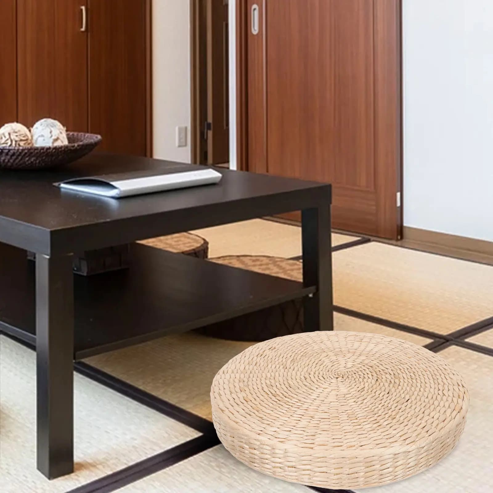 Cuscino da Pavimento Intrecciato Rotondo Ispirato allo Stile Giapponese, Tappetino in Fibra Naturale per Casa, Ufficio, Sala Yoga, Spazio Meditazione, Soggiorno, Sala da Pranzo