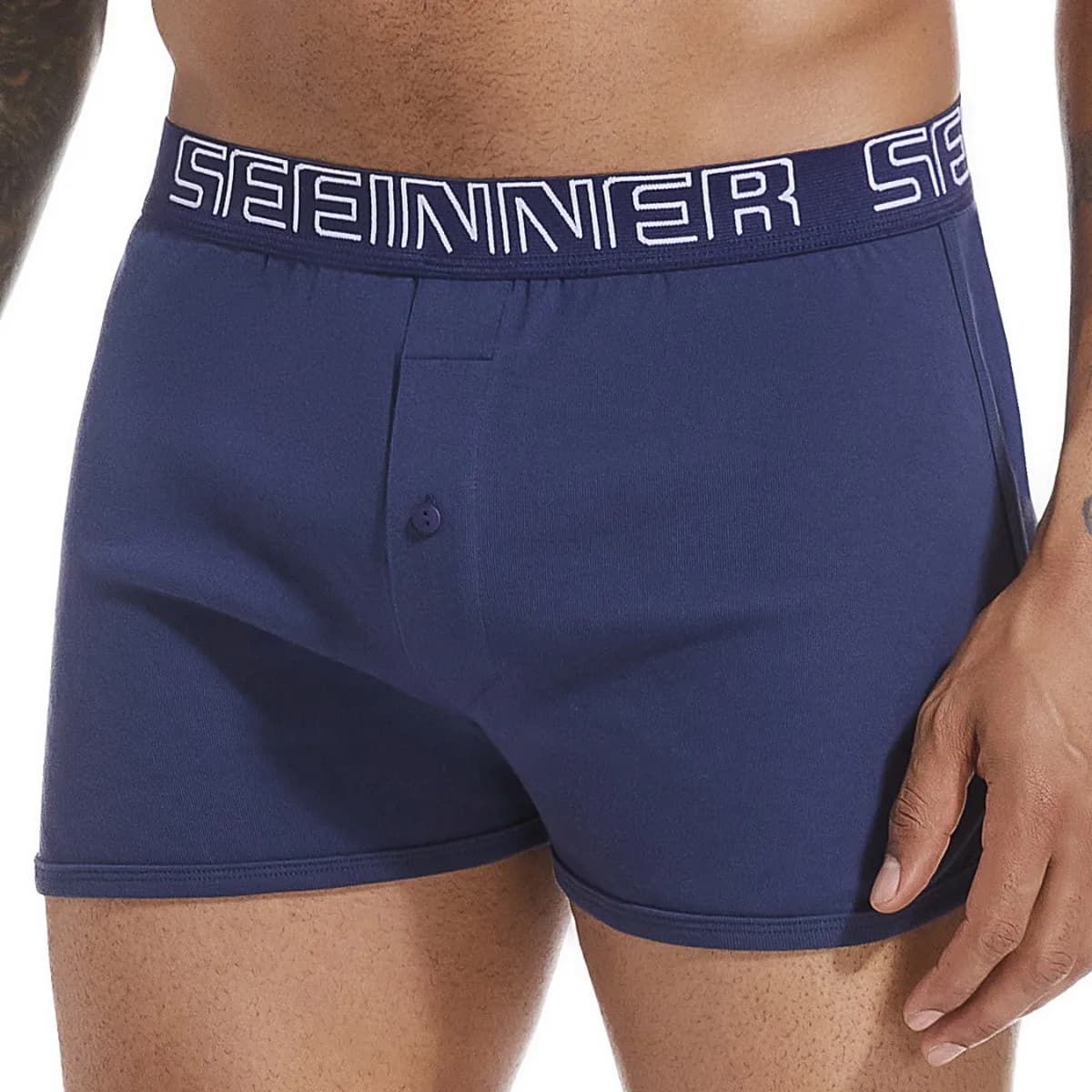 Men Cotton Lounge Boxers European Size Letter Print Wide Waist Front Button Loose Long Sleep Underwear