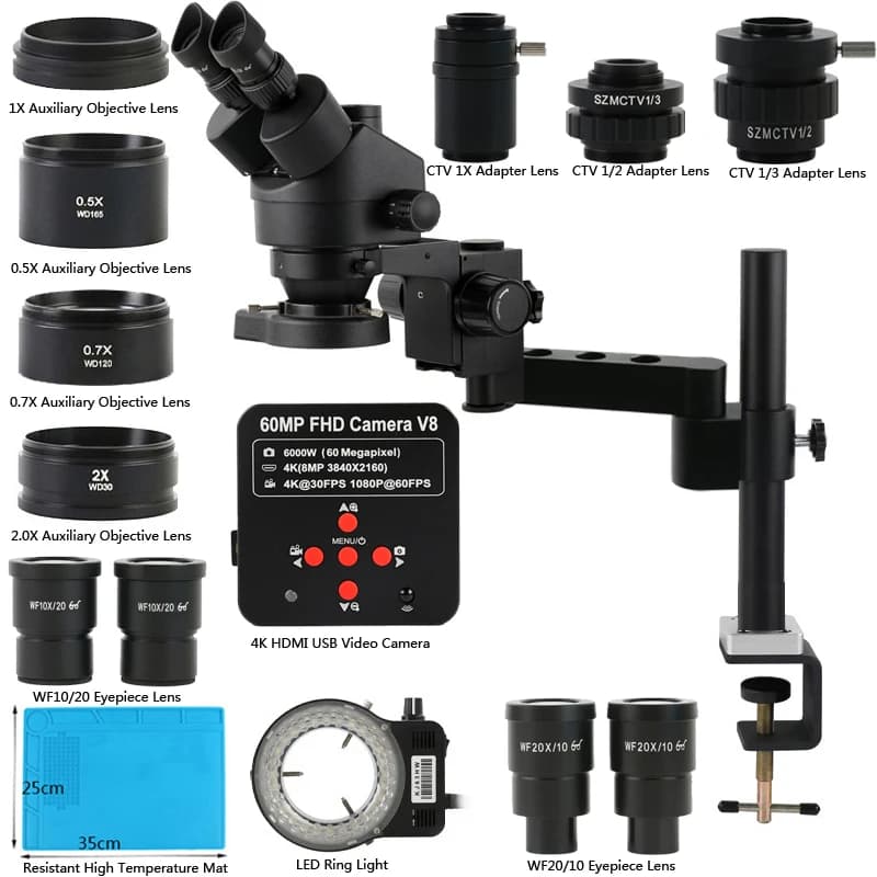 Microscopio trinoculare 7X-90X Microscopio stereo in metallo 1080P 48mp HDMI USB VGA Videocamera Supporto di rotazione regolabile multi-angolo
