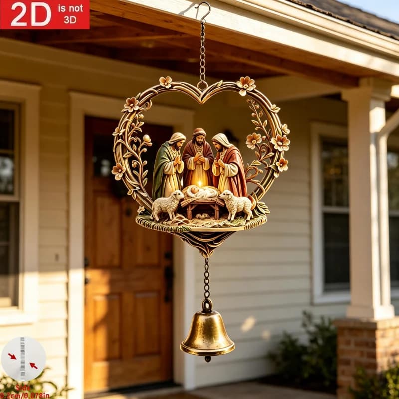 2/1 Piece Set of 2D Flat Christmas Acrylic Carved Heart-Shaped Nativity Scene Single Bell Wind Chime Hanging Ornament. Can Be Hung on Garden Grape Trellises, Indoor Windows, Etc. the Overall Design Is Rustic and Elegan