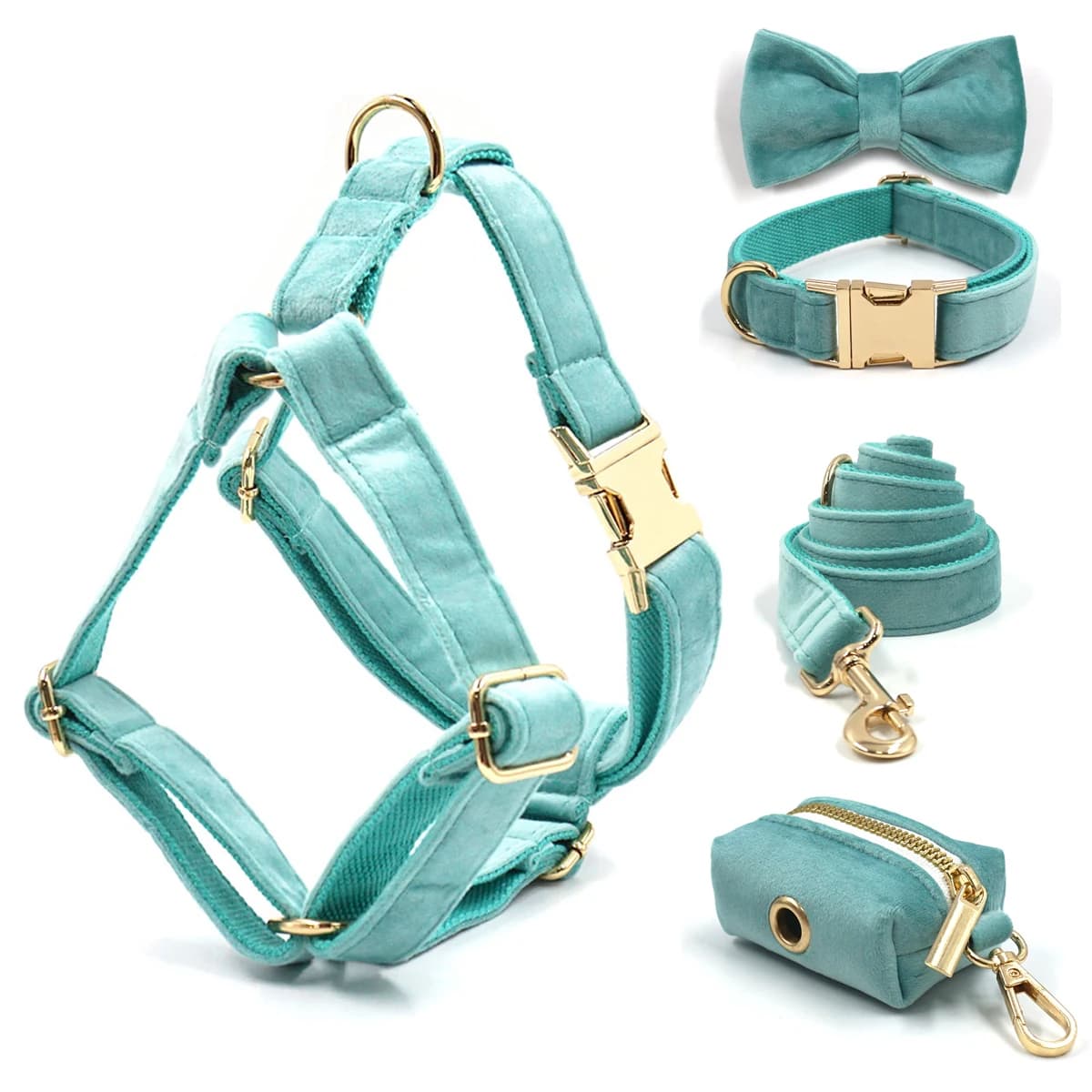 Pettorina blu Tiffany per cani Collare per cani personalizzato di design di lusso con incisione gratuita Set di pettorine per cuccioli in morbido velluto regolabile
