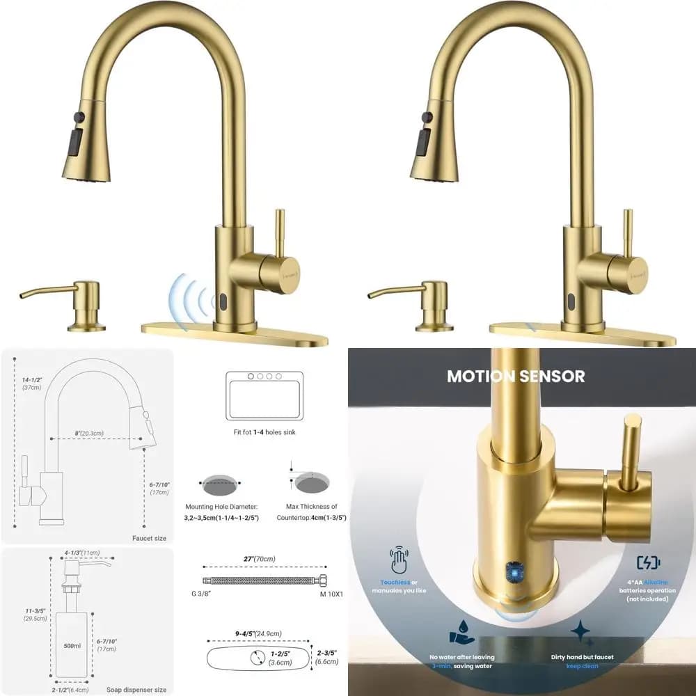 Rubinetto da cucina spray estraibile a mani libere con finitura oro spazzolato, maniglia singola, dispenser di sapone, acciaio inossidabile, adatto per