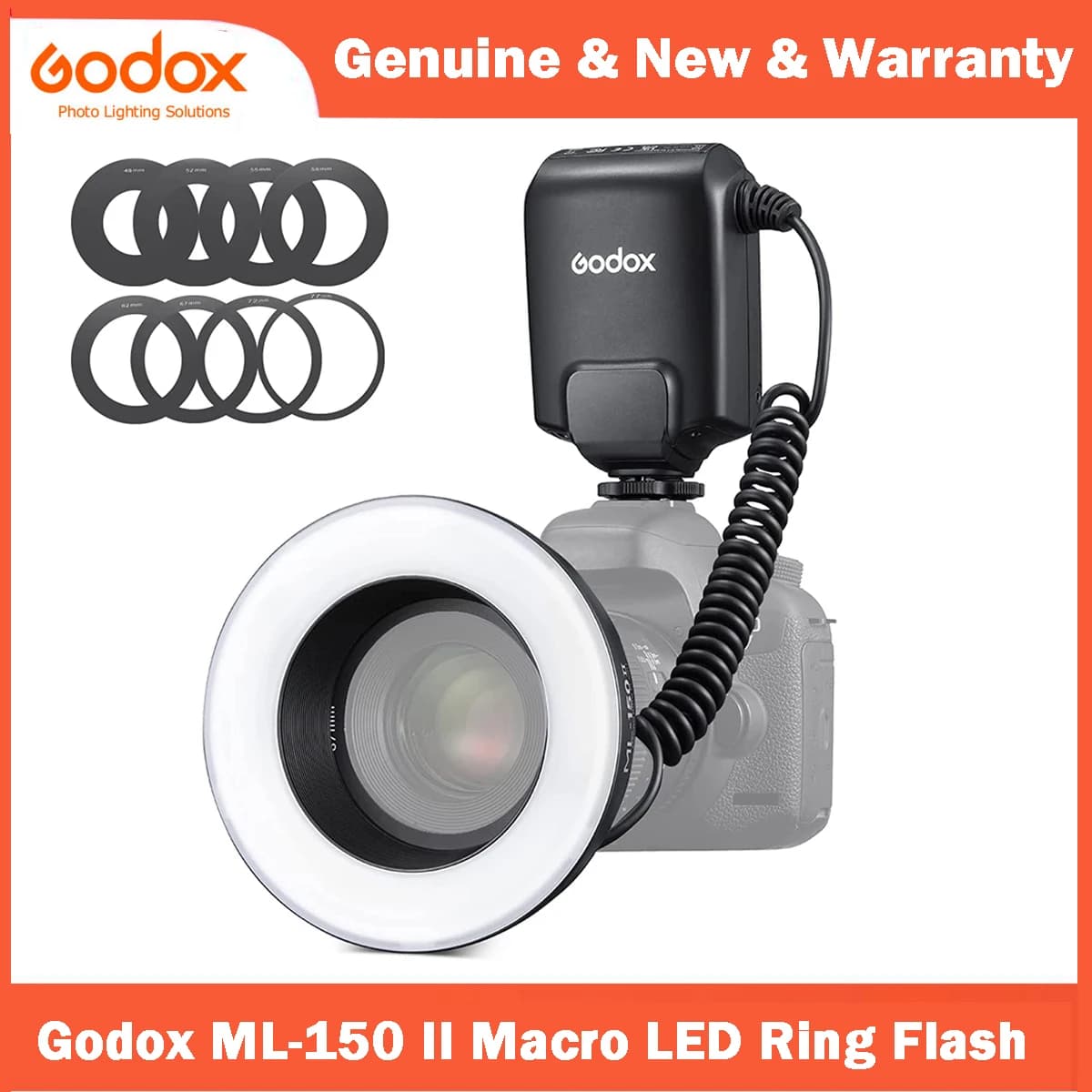 【KR&MX】 Godox ML150 II Macro Ring Flash con anello adattatore da 8 pezzi per fotocamere DSLR Sony Canon Nikon Fuji Olympus Panasonic