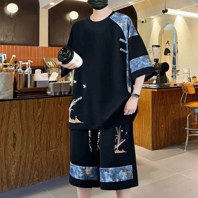 Complete Chinese Men's Initiative of National Trend: Set Coordinated Elegant with Shorts and Sleeve T-shirt Court Relaxation
