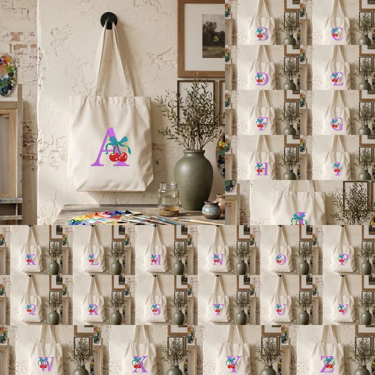 Confezione da 1 borsa tote in tela morbida da 35×38,5 cm, graziosa borsa a tracolla con ricamo a monogramma e fiocco a forma di ciliegia, borsa quotidiana leggera e riutilizzabile