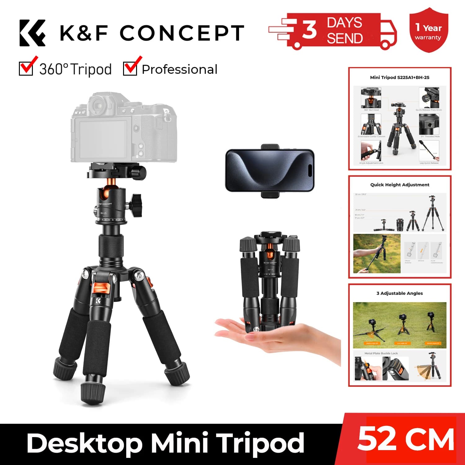K&F CONCEPT Table Tripod Compact from 52cm for Camera, 360° rotation Low-profile ball head with 1/4''' screw for camera and camcorder