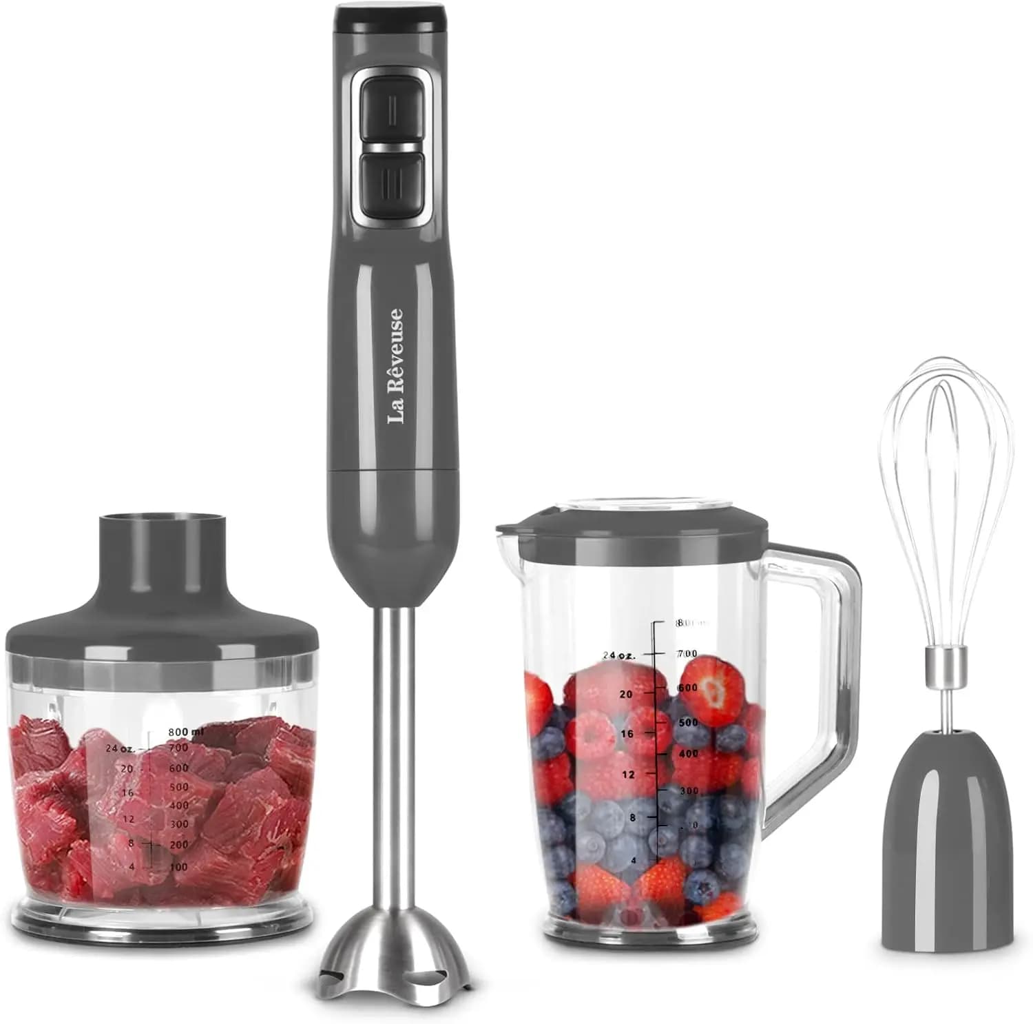 Portable immersion mixer, 300 W, 2 speeds, 3 in 1 with whip, glass, accessories for tributaries