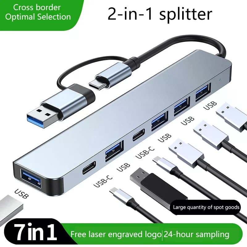 HUB USB 7 in 2 con lettore di schede splitter, porta USB C, USB 3.0 / 2.0, lettore di schede splitter SD/TF, docking station