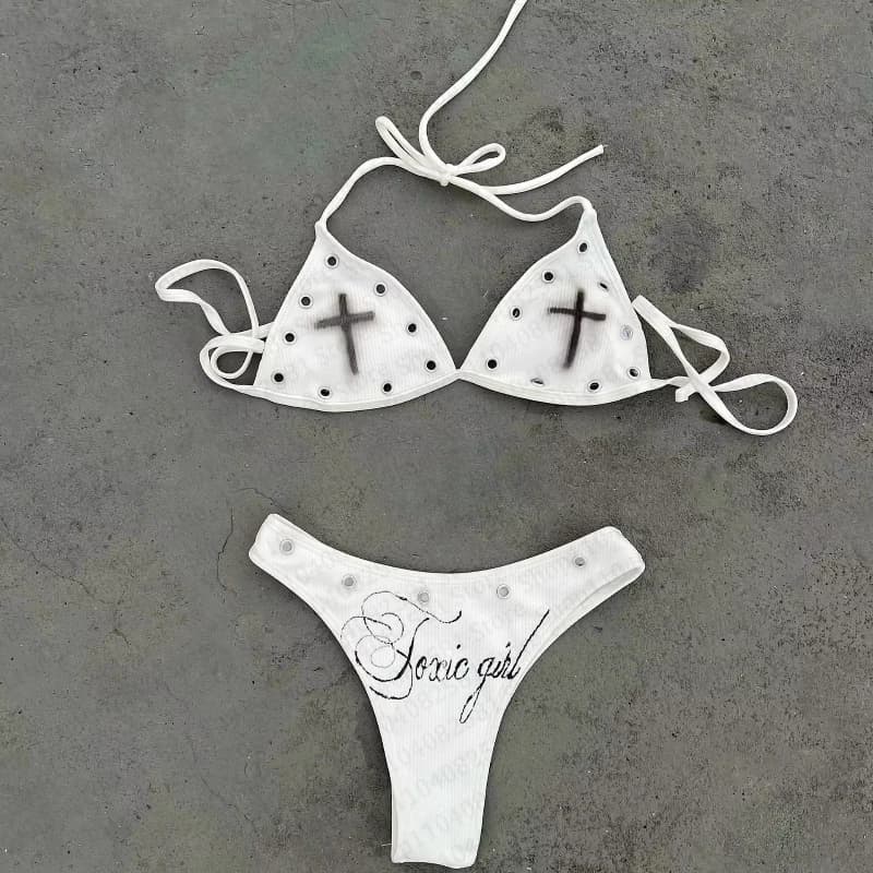 Costume da bagno bikini sexy senza maniche, stile europeo americano, per l'estate e le vacanze al mare, con stampa a croce e decorazioni in metallo, alla moda, due pezzi.