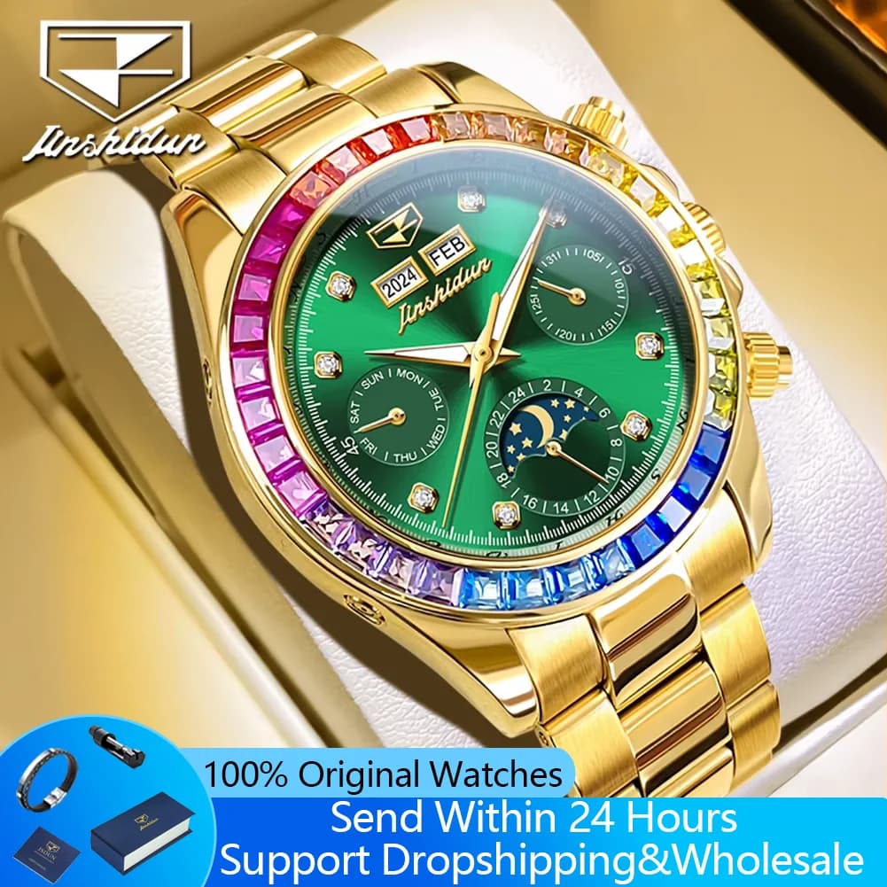 JINSHIDUN 8974 Orologio Automatico con Fasi Lunari per Uomo, Cinturino in Acciaio Dorato, Diamanti Arcobaleno, Marca di Lusso Originale, Orologi Meccanici