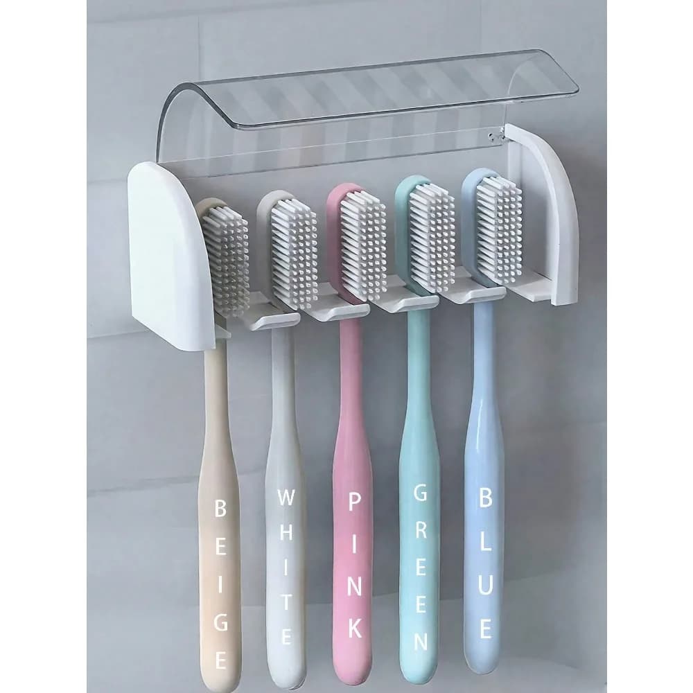 1pc No-Drill Wall-Mounted Toothbrush Holder With Cover, Bathroom Electric Toothbrush Holder, Toothpaste Storage Rack, 2/5/6 Compartment Self-Adhesive Toothbrush Storage Box, Bathroom Accessories