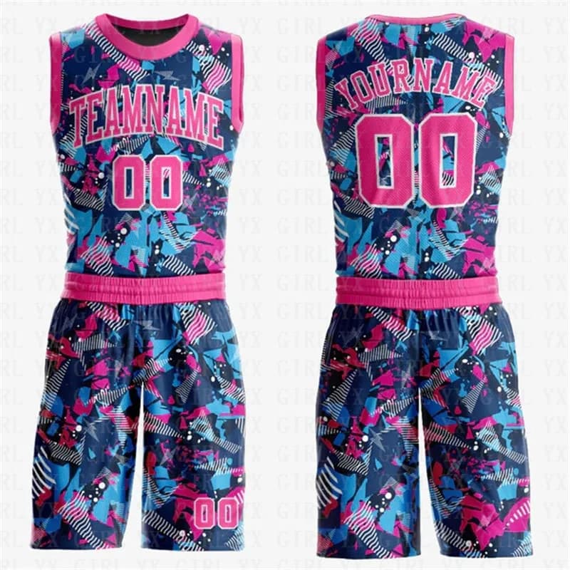 Custom Figure Pink-Light Blue Round Neck Sublimation Basketball Suit Jersey 3D Printed Tank Tops And Shorts Personlized Team