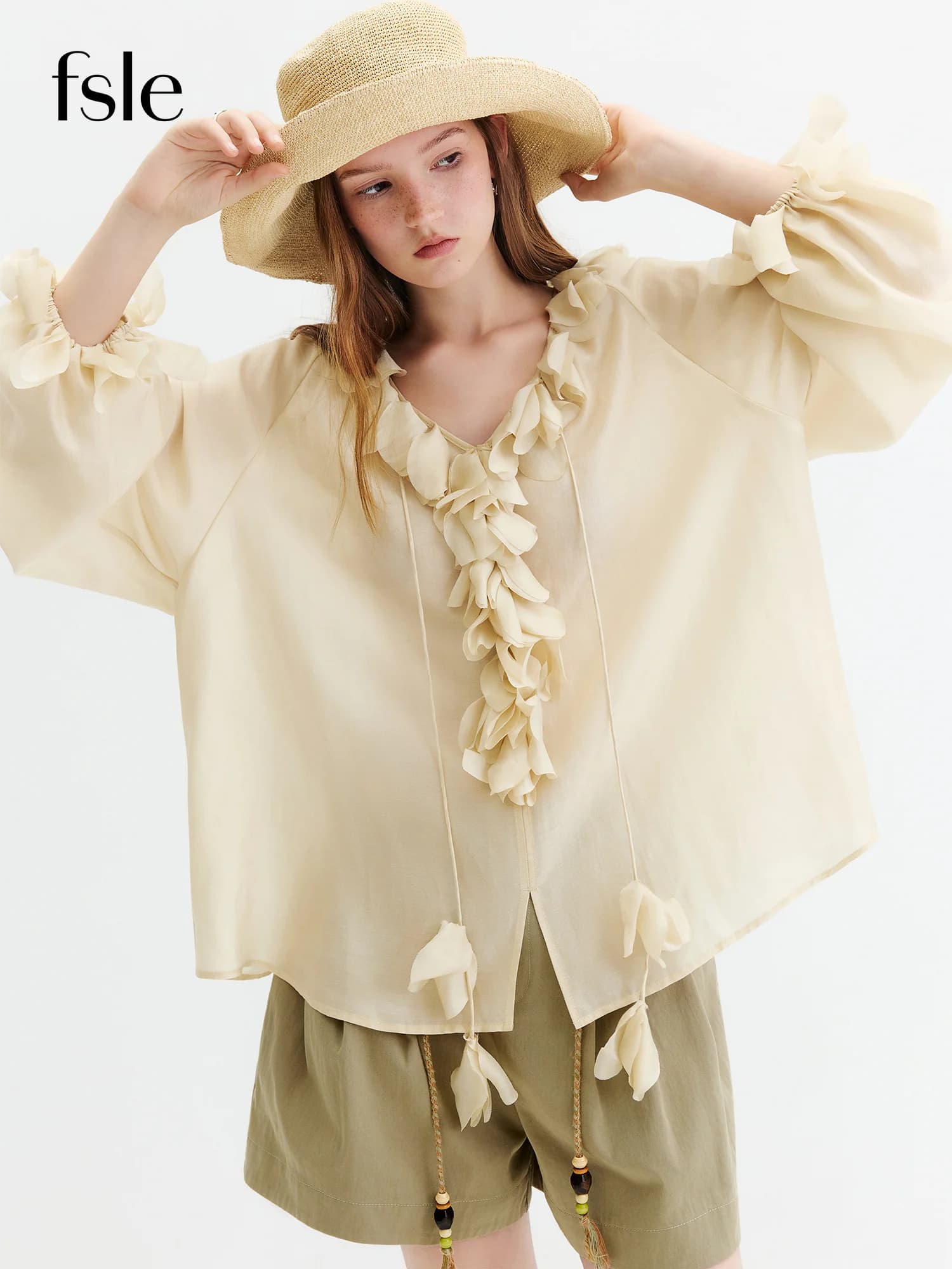 FSLE 2026 Autumn New Arrival Women's French Style Heavy Craft Petal V-Neck Blouse Lyocell Long Sleeve Top with Nice Drape Shirt