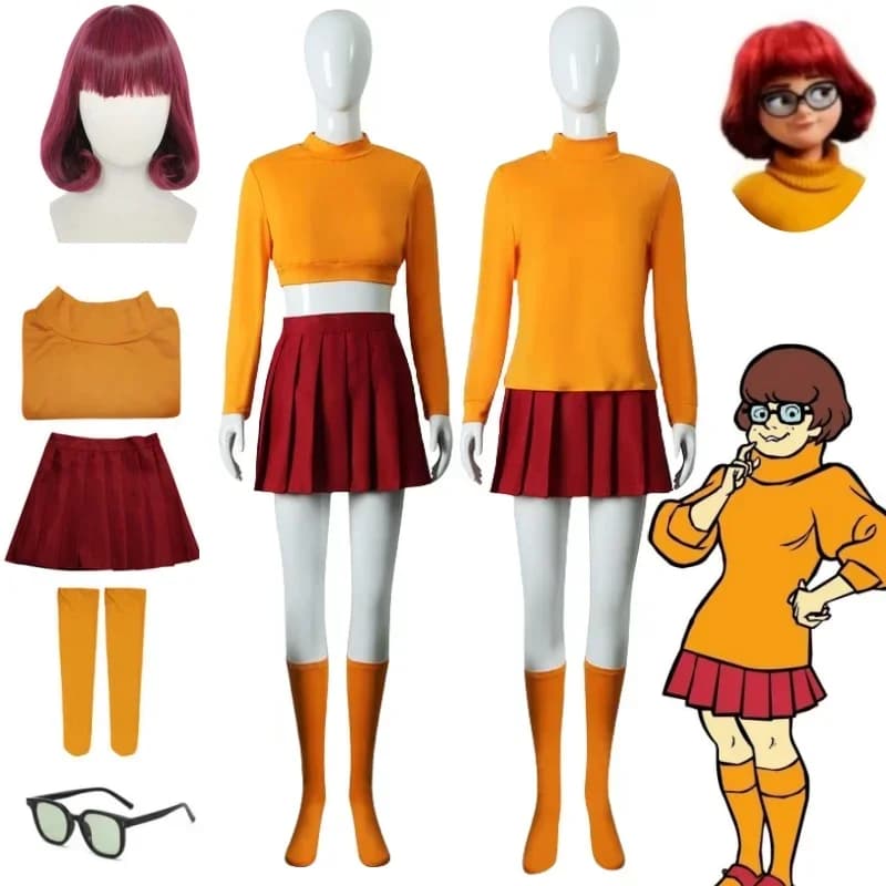 Halloween Velma Seragam Cosplay Kostum Arancione Gonna Corta Uniforme Wanita Oranye Kaus Kaki Rok Atas Halloween Party Carnevale Set
