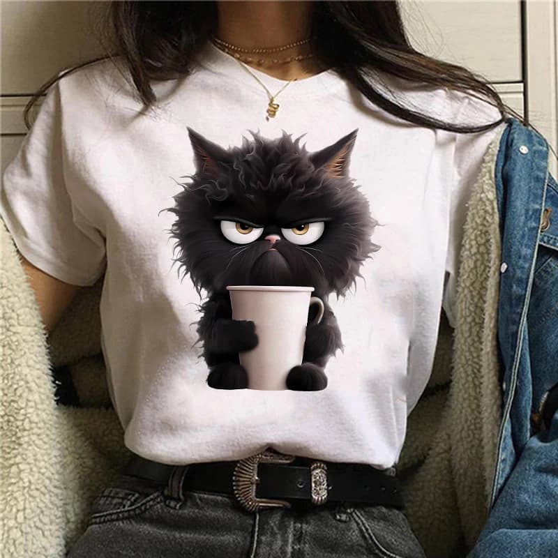 T-shirt con stampa bianca estiva da donna con gatto divertente T-shirt da ragazza casual a maniche corte o collo per abbigliamento estivo femminile con animali